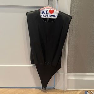 Black leather patted shoulder bodysuit